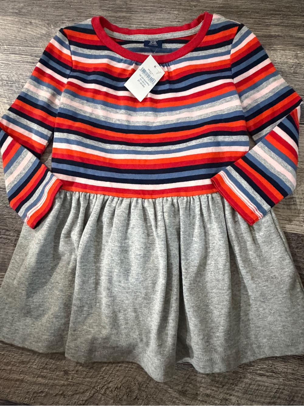 NWT Baby Gap Toddler Striped Long Sleeve Dress 18-24M Gray Red Blue Playtime